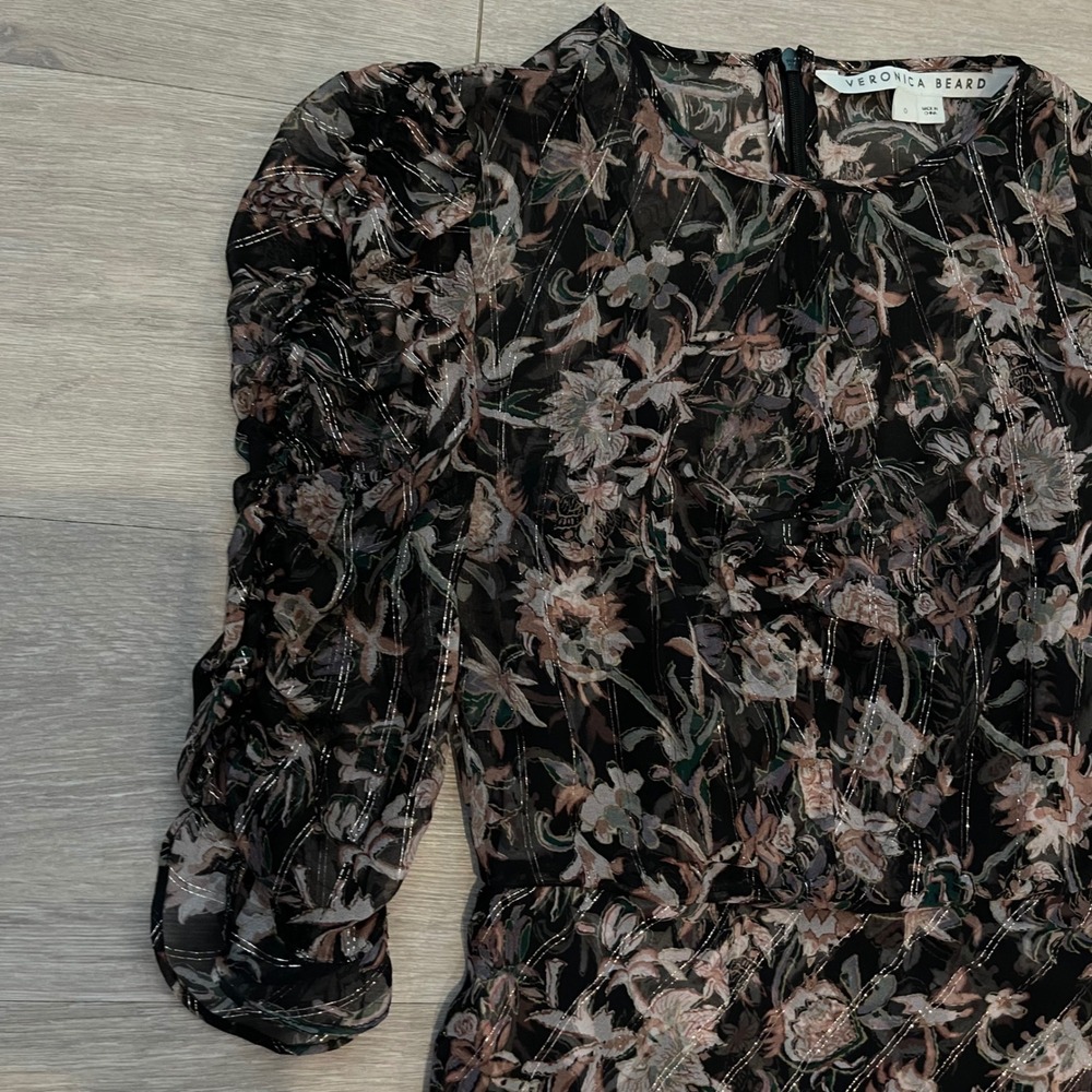 Veronica Beard Mitjana Floral Silk Dress Size 0 Black Ruched Sleeve Midi Chic - Picture 13 of 16